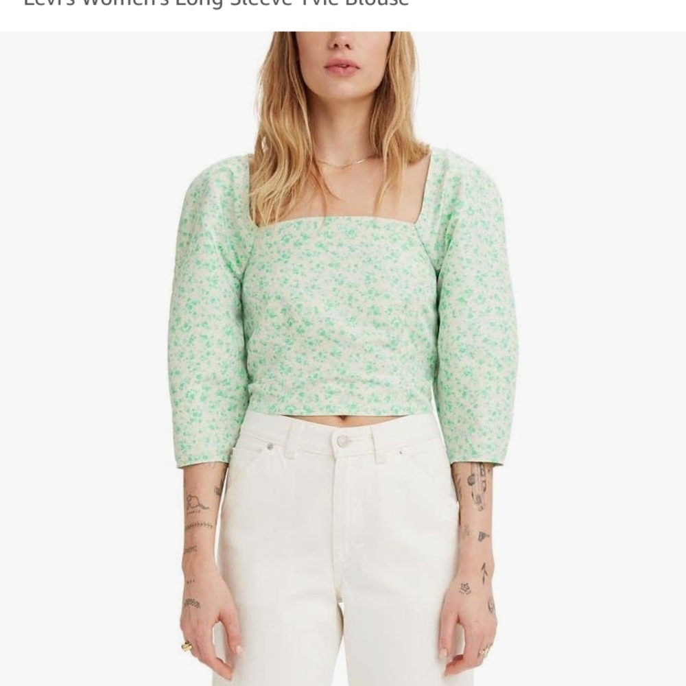 NWT Levi’s Women’s Long Sleeve Yvie Blouse, Crop Top, Green and Cream Floral